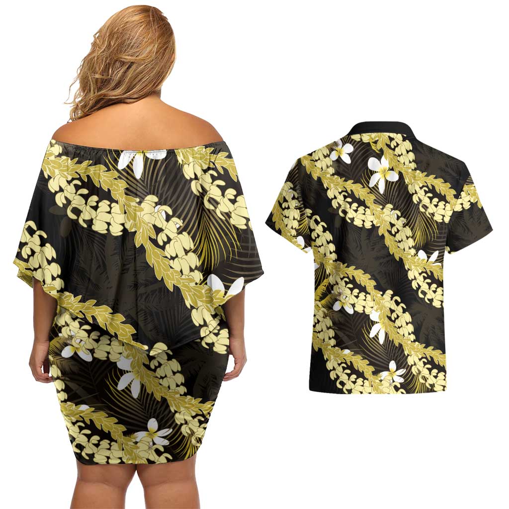 Puakenikeni Maile Lei Couples Matching Off Shoulder Short Dress and Hawaiian Shirt Frangipani Yellow Tropical Leaves LT01 - Polynesian Pride
