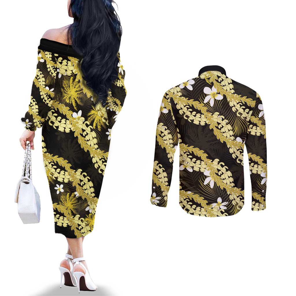Puakenikeni Maile Lei Couples Matching Off The Shoulder Long Sleeve Dress and Long Sleeve Button Shirt Frangipani Yellow Tropical Leaves LT01 - Polynesian Pride