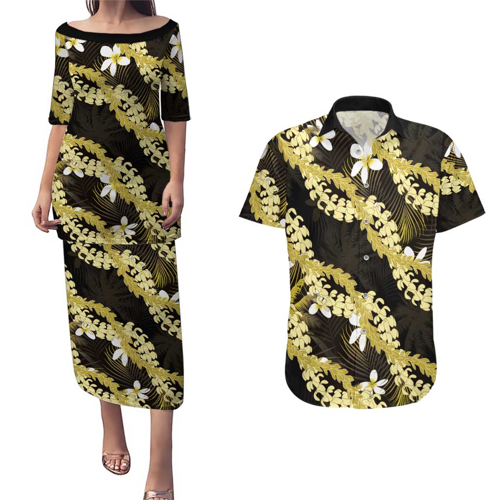 Puakenikeni Maile Lei Couples Matching Puletasi and Hawaiian Shirt Frangipani Yellow Tropical Leaves LT01 Yellow - Polynesian Pride