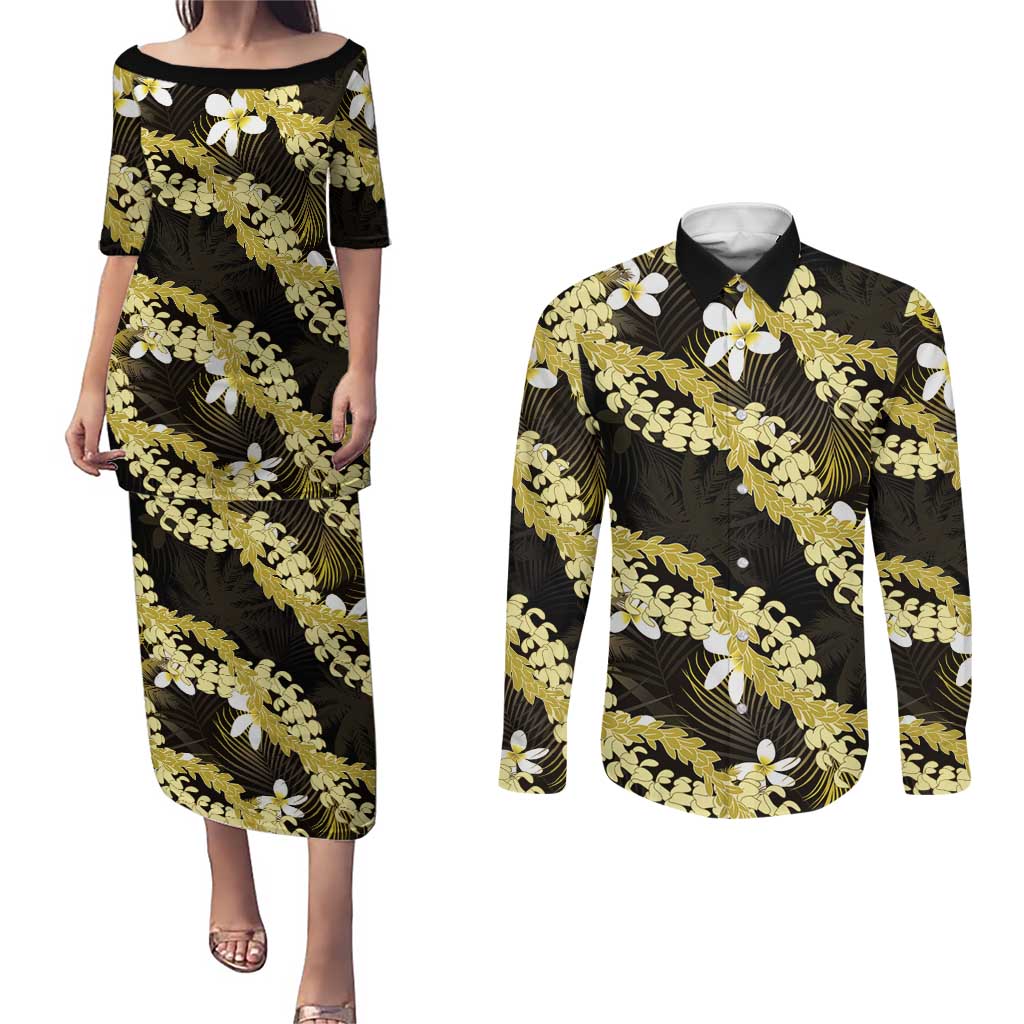 Puakenikeni Maile Lei Couples Matching Puletasi and Long Sleeve Button Shirt Frangipani Yellow Tropical Leaves