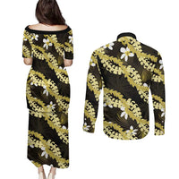 Puakenikeni Maile Lei Couples Matching Puletasi and Long Sleeve Button Shirt Frangipani Yellow Tropical Leaves