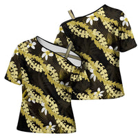 Puakenikeni Maile Lei Cross Shoulder Shirt Frangipani Yellow Tropical Leaves