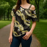 Puakenikeni Maile Lei Cross Shoulder Shirt Frangipani Yellow Tropical Leaves