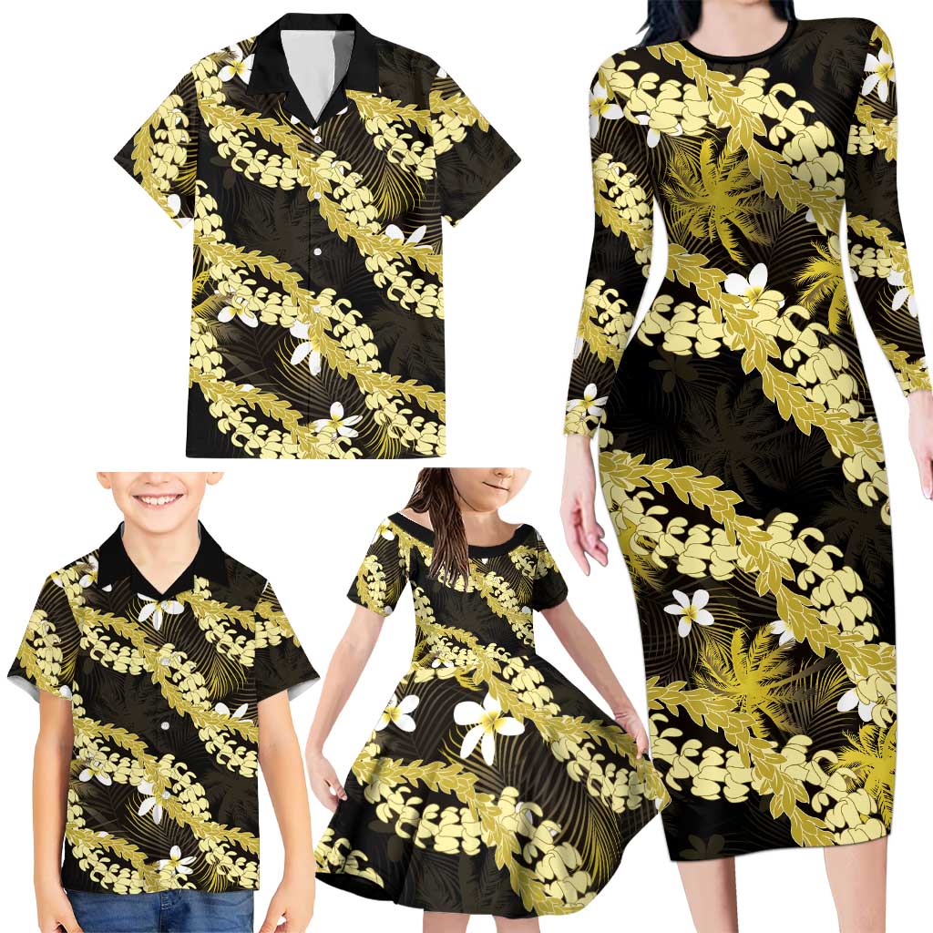 Puakenikeni Maile Lei Family Matching Long Sleeve Bodycon Dress and Hawaiian Shirt Frangipani Yellow Tropical Leaves