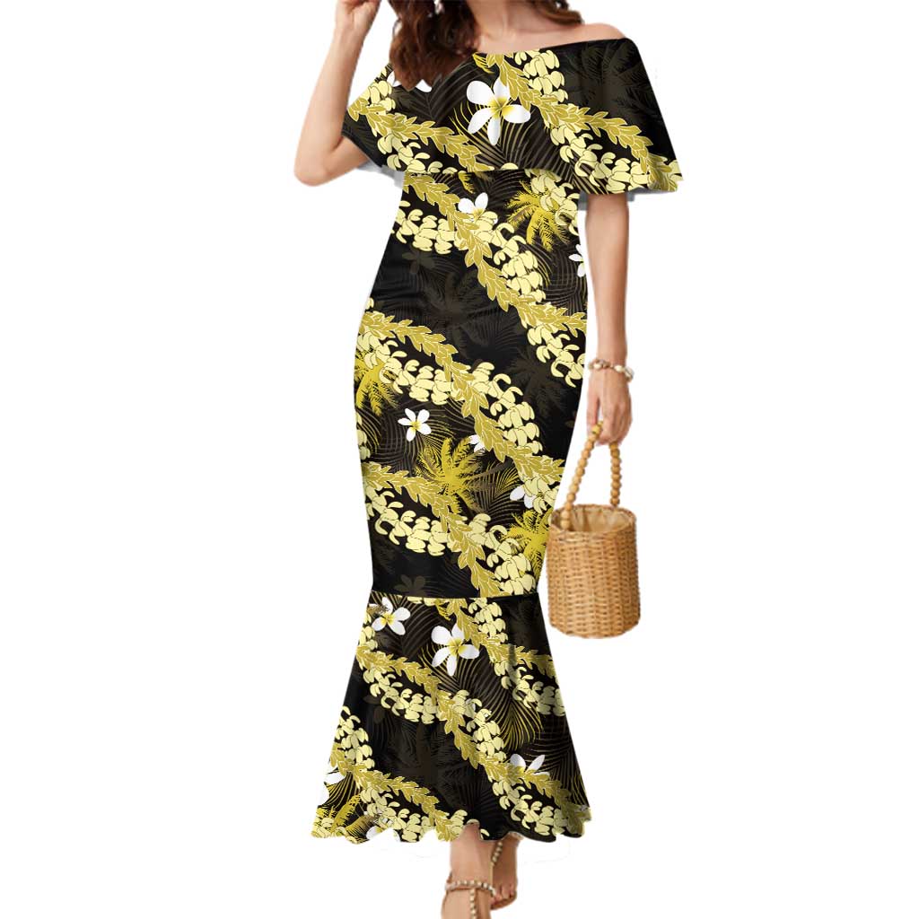 Puakenikeni Maile Lei Family Matching Mermaid Dress and Hawaiian Shirt Frangipani Yellow Tropical Leaves LT01 Mom's Dress Yellow - Polynesian Pride