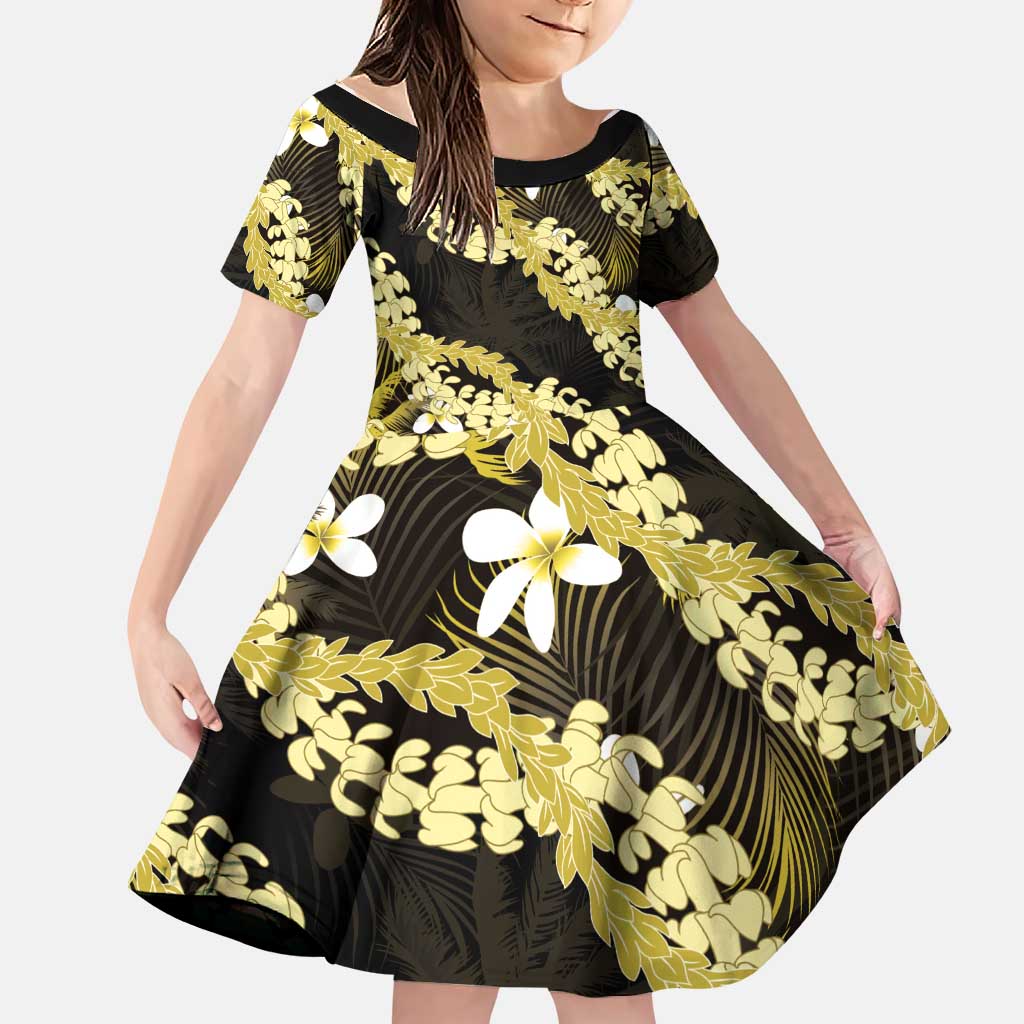 Puakenikeni Maile Lei Family Matching Off Shoulder Maxi Dress and Hawaiian Shirt Frangipani Yellow Tropical Leaves LT01 Daughter's Dress Yellow - Polynesian Pride