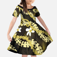 Puakenikeni Maile Lei Family Matching Off Shoulder Maxi Dress and Hawaiian Shirt Frangipani Yellow Tropical Leaves LT01 Daughter's Dress Yellow - Polynesian Pride