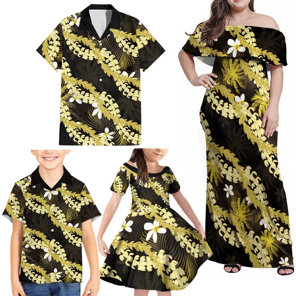 Puakenikeni Maile Lei Family Matching Off Shoulder Maxi Dress and Hawaiian Shirt Frangipani Yellow Tropical Leaves LT01 - Polynesian Pride