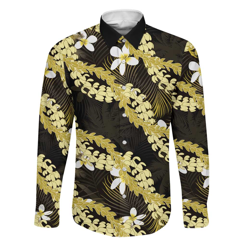 Puakenikeni Maile Lei Family Matching Off Shoulder Maxi Dress and Hawaiian Shirt Frangipani Yellow Tropical Leaves LT01 Dad's Shirt - Long Sleeve Yellow - Polynesian Pride
