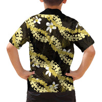 Puakenikeni Maile Lei Family Matching Off Shoulder Short Dress and Hawaiian Shirt Frangipani Yellow Tropical Leaves LT01 - Polynesian Pride