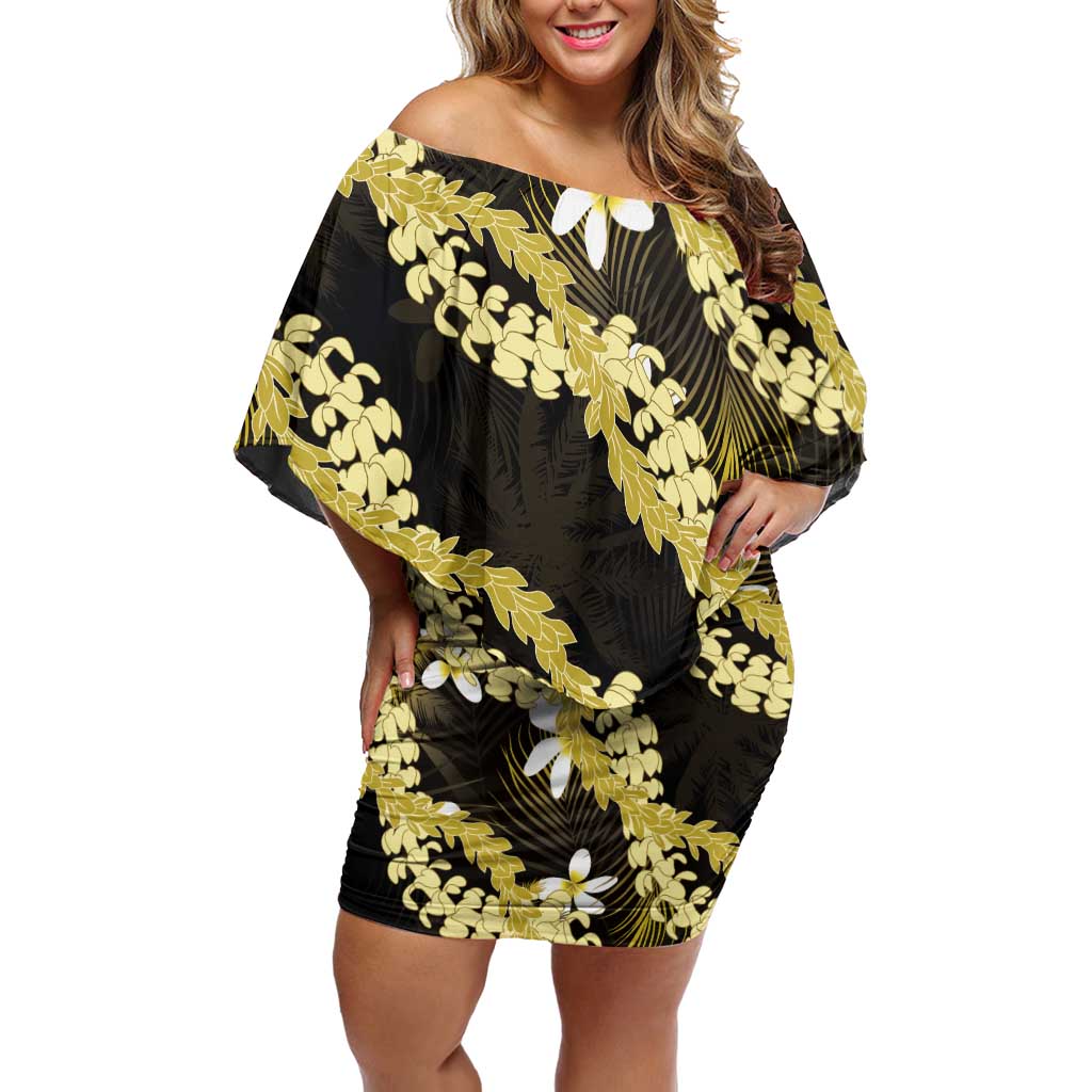 Puakenikeni Maile Lei Family Matching Off Shoulder Short Dress and Hawaiian Shirt Frangipani Yellow Tropical Leaves LT01 Mom's Dress Yellow - Polynesian Pride
