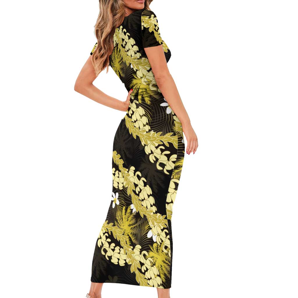 Puakenikeni Maile Lei Family Matching Short Sleeve Bodycon Dress and Hawaiian Shirt Frangipani Yellow Tropical Leaves LT01 - Polynesian Pride