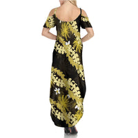 Puakenikeni Maile Lei Family Matching Summer Maxi Dress and Hawaiian Shirt Frangipani Yellow Tropical Leaves LT01 - Polynesian Pride