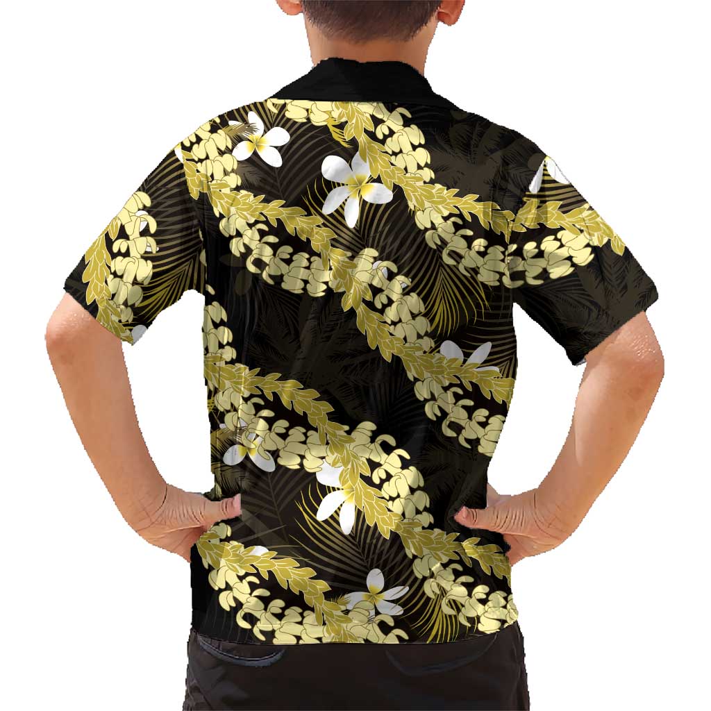 Puakenikeni Maile Lei Kid Hawaiian Shirt Frangipani Yellow Tropical Leaves