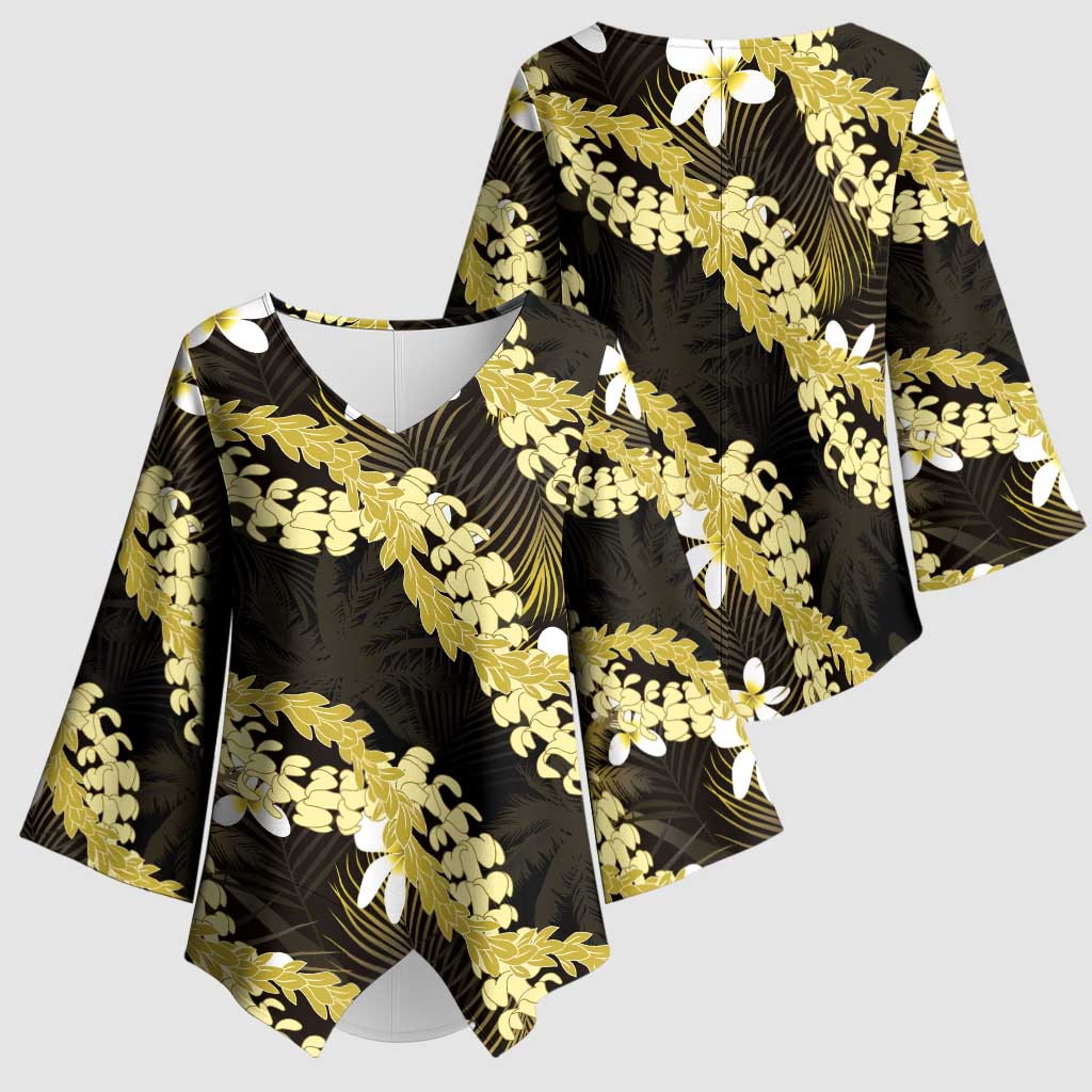 Puakenikeni Maile Lei Kimono Sleeve Blouse Frangipani Yellow Tropical Leaves