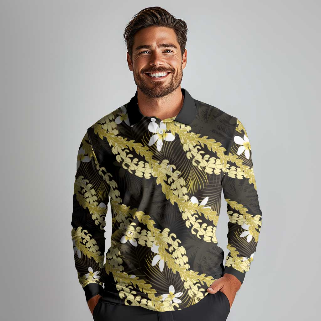 Puakenikeni Maile Lei Long Sleeve Polo Shirt Frangipani Yellow Tropical Leaves