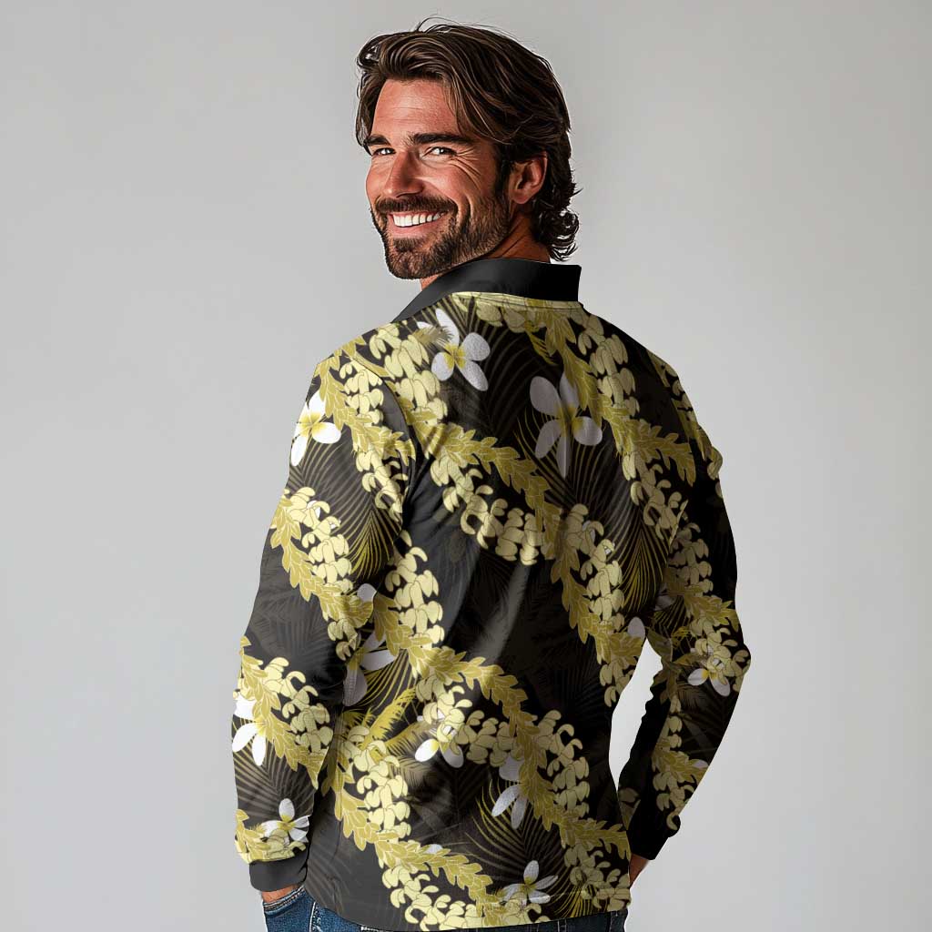 Puakenikeni Maile Lei Long Sleeve Polo Shirt Frangipani Yellow Tropical Leaves