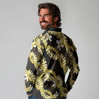 Puakenikeni Maile Lei Long Sleeve Polo Shirt Frangipani Yellow Tropical Leaves