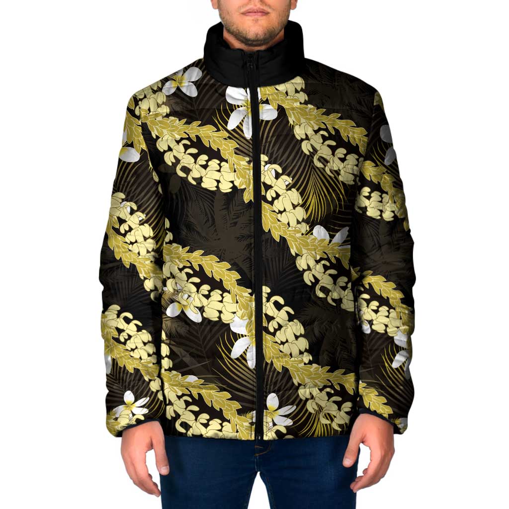 Puakenikeni Maile Lei Padded Jacket Frangipani Yellow Tropical Leaves