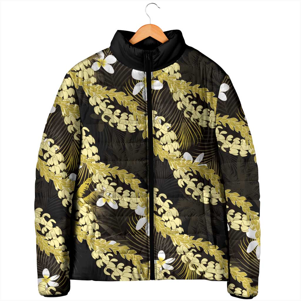 Puakenikeni Maile Lei Padded Jacket Frangipani Yellow Tropical Leaves