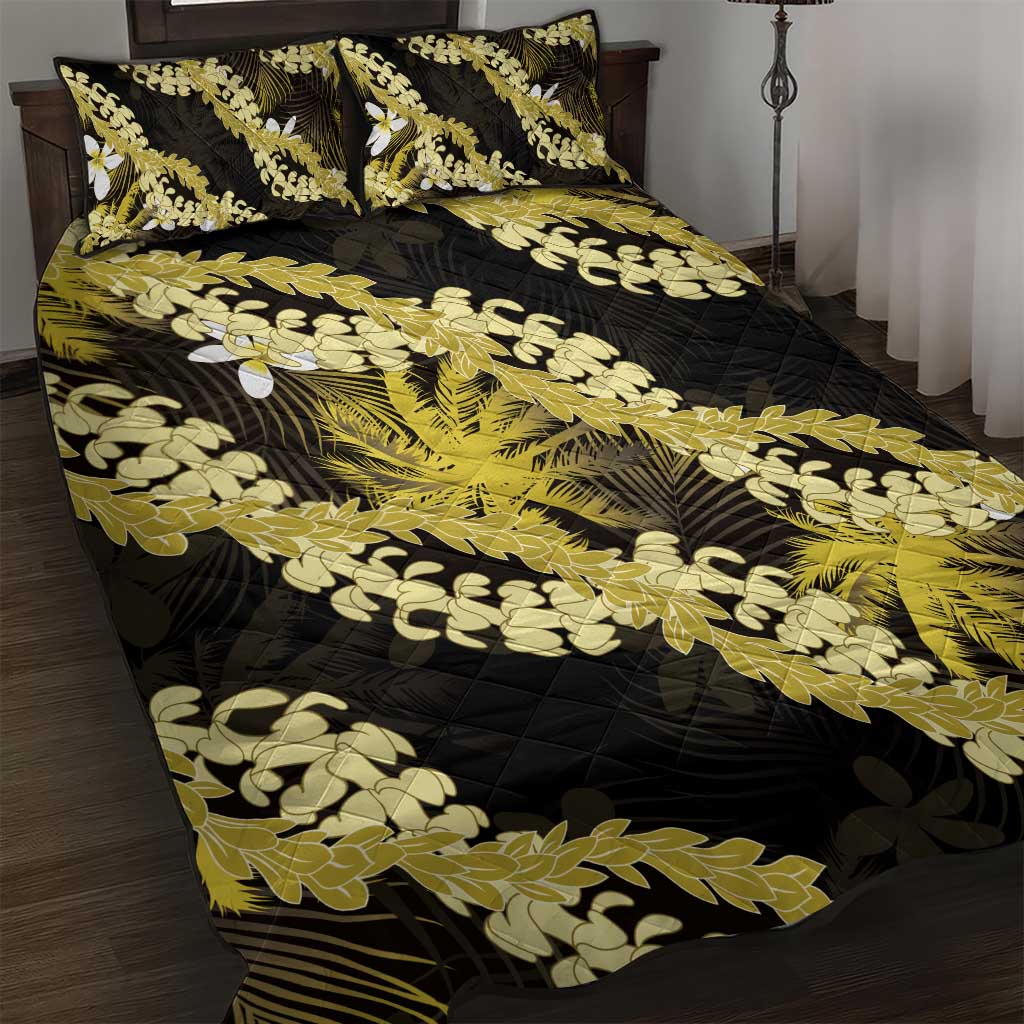 Puakenikeni Maile Lei Quilt Bed Set Frangipani Yellow Tropical Leaves