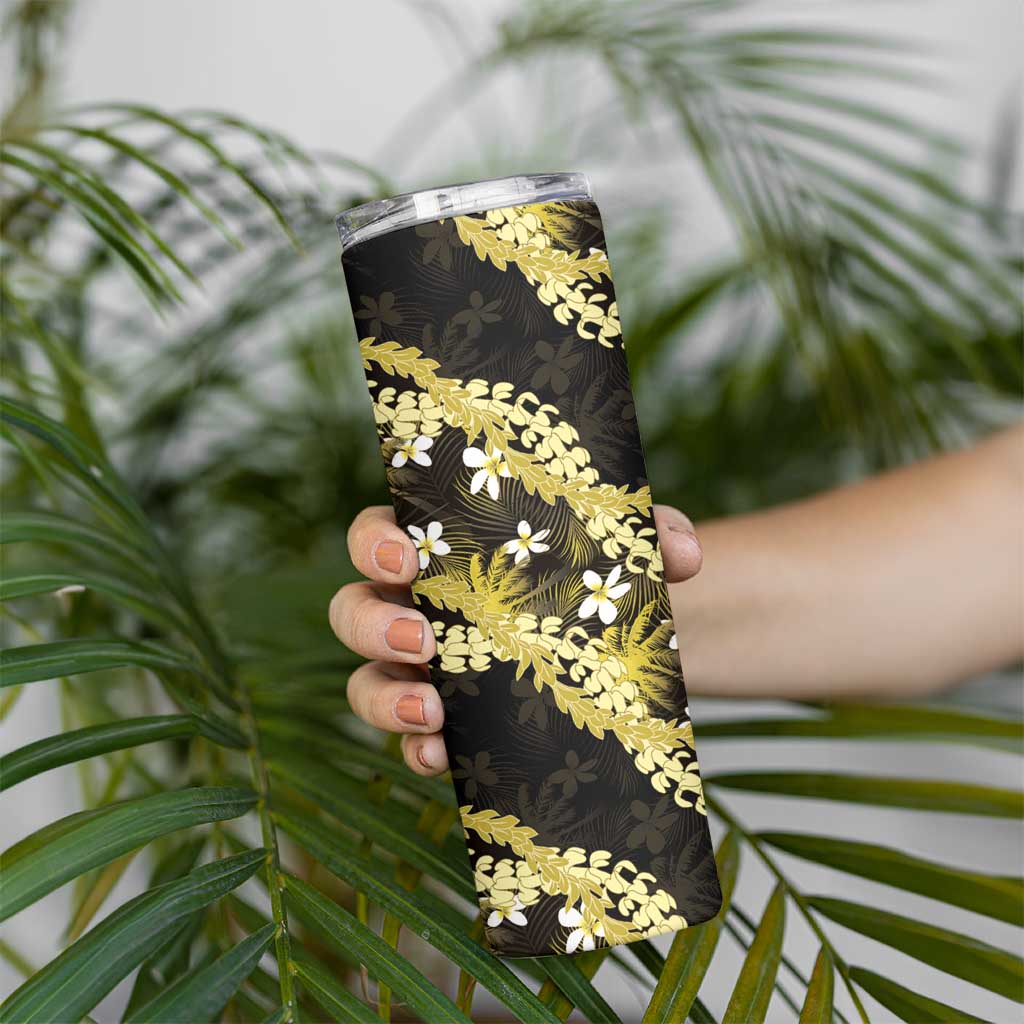 Puakenikeni Maile Lei Skinny Tumbler Frangipani Yellow Tropical Leaves LT01 - Polynesian Pride
