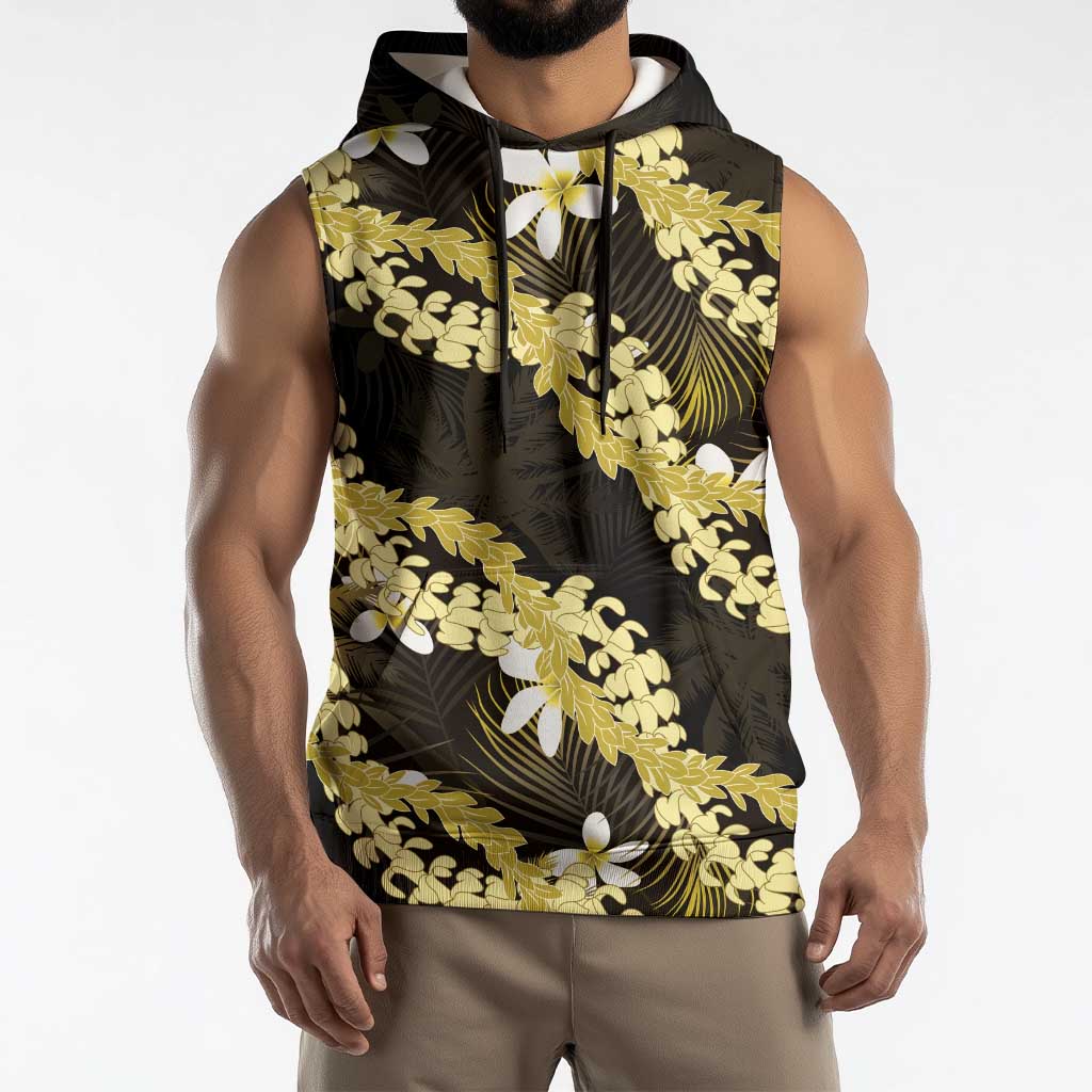 Puakenikeni Maile Lei Sleeveless Hoodie Frangipani Yellow Tropical Leaves LT01 - Polynesian Pride