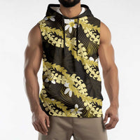 Puakenikeni Maile Lei Sleeveless Hoodie Frangipani Yellow Tropical Leaves LT01 - Polynesian Pride