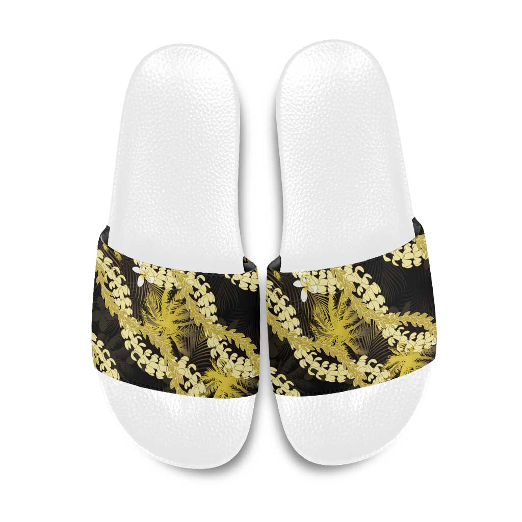 Puakenikeni Maile Lei Slide Sandals Frangipani Yellow Tropical Leaves