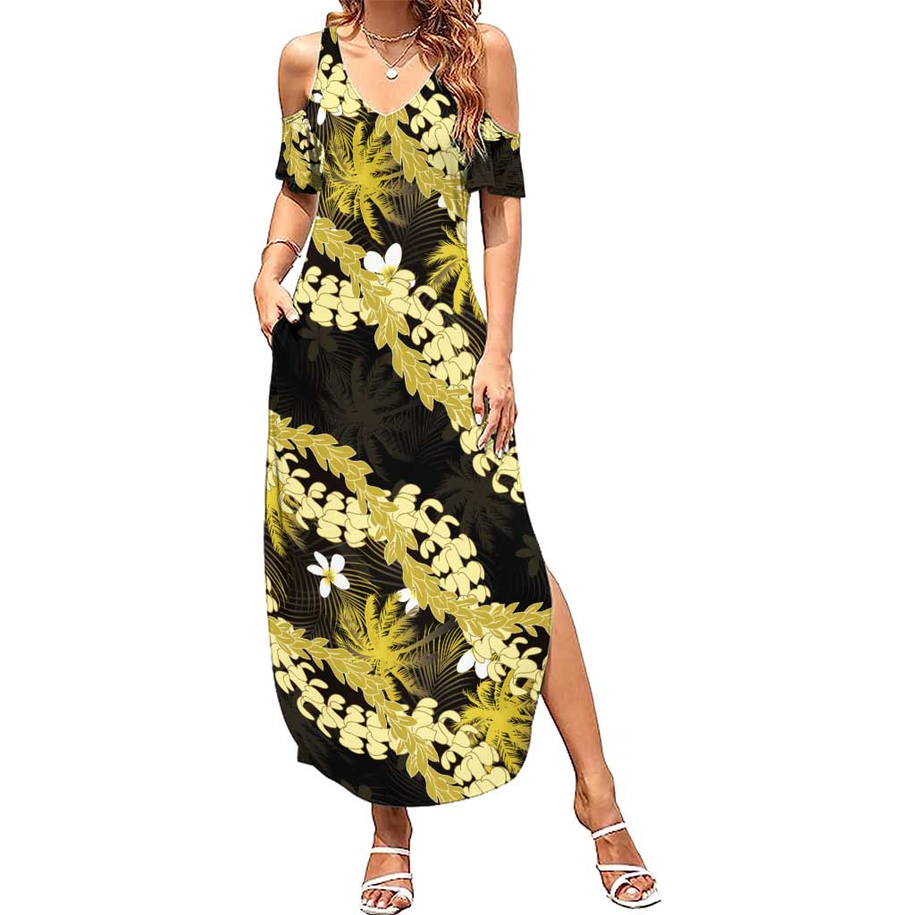 Puakenikeni Maile Lei Summer Maxi Dress Frangipani Yellow Tropical Leaves