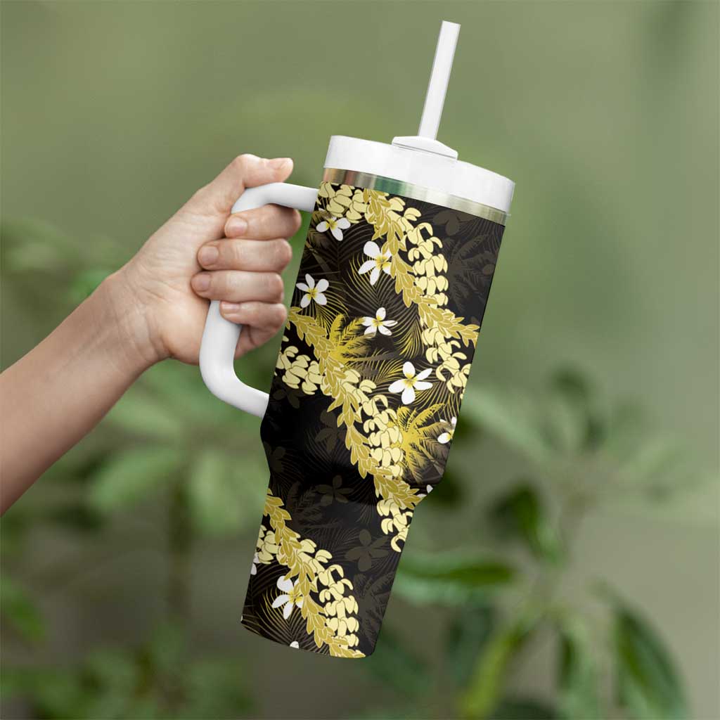 Puakenikeni Maile Lei Tumbler With Handle Frangipani Yellow Tropical Leaves