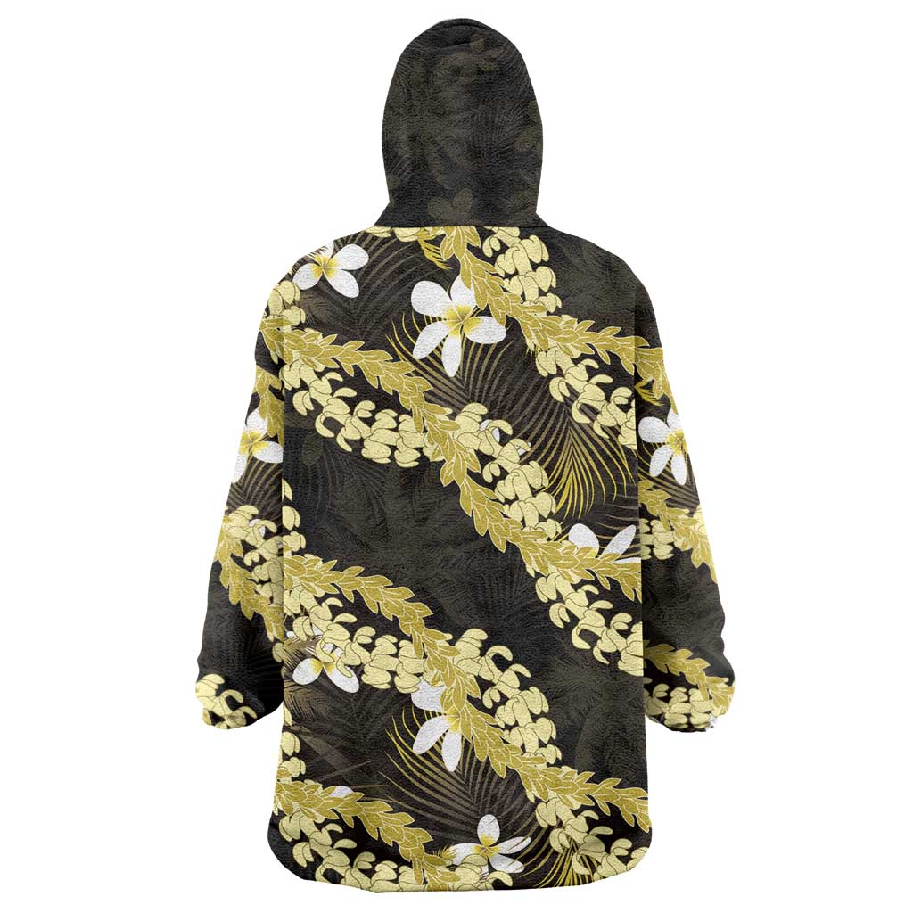 Puakenikeni Maile Lei Wearable Blanket Hoodie Frangipani Yellow Tropical Leaves
