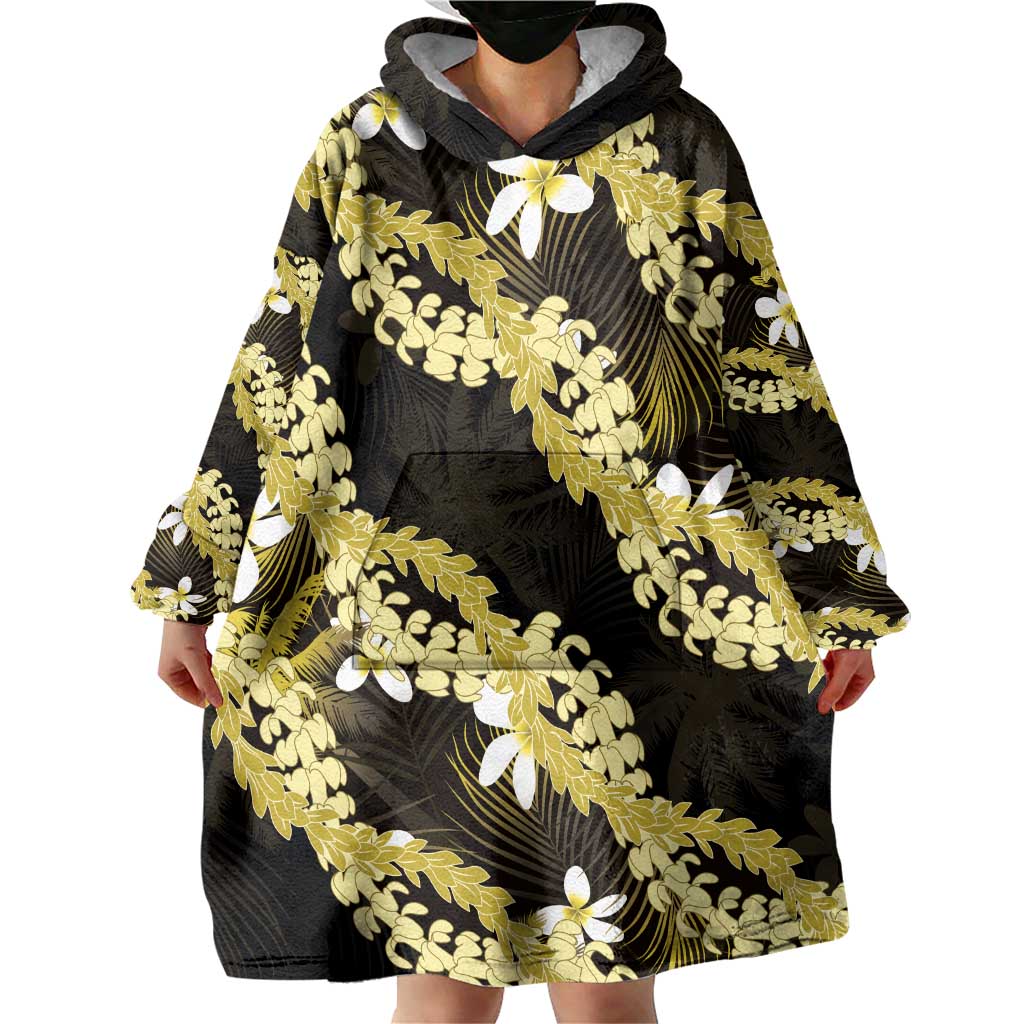 Puakenikeni Maile Lei Wearable Blanket Hoodie Frangipani Yellow Tropical Leaves