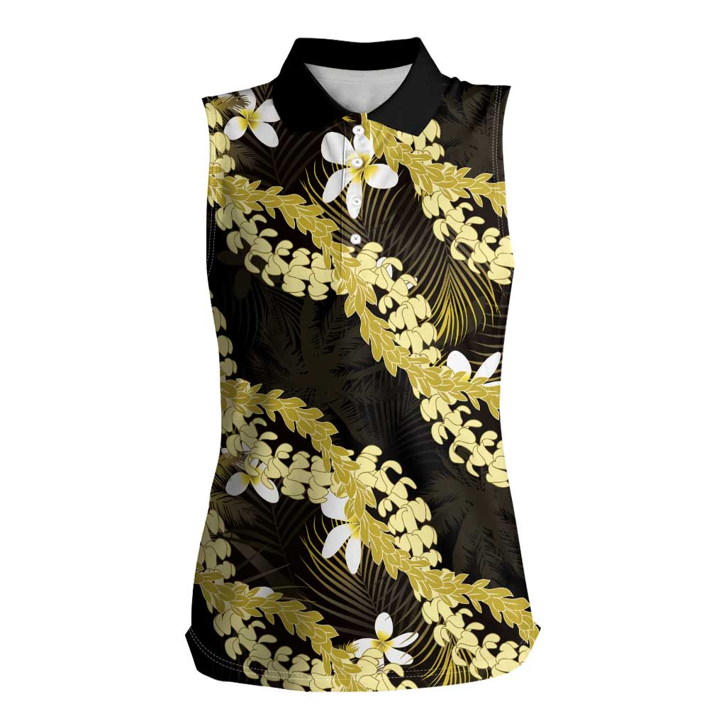 Puakenikeni Maile Lei Women Sleeveless Polo Shirt Frangipani Yellow Tropical Leaves LT01 Female Yellow - Polynesian Pride