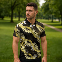 Puakenikeni Maile Lei Zipper Polo Shirt Frangipani Yellow Tropical Leaves