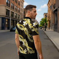 Puakenikeni Maile Lei Zipper Polo Shirt Frangipani Yellow Tropical Leaves