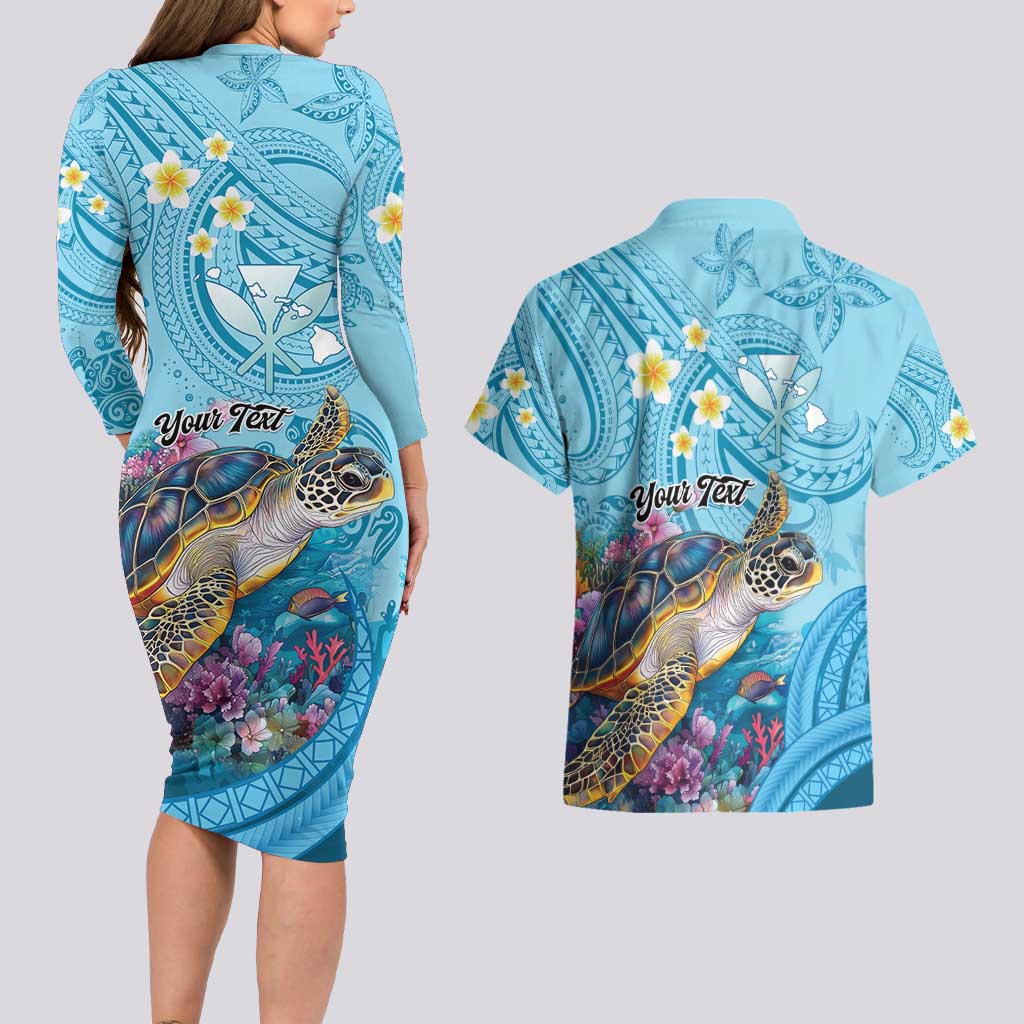 Personalized Hawaii Sea Turtle Couples Matching Long Sleeve Bodycon Dress and Hawaiian Shirt Hawaii Map Ocean Vibes