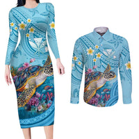 Personalized Hawaii Sea Turtle Couples Matching Long Sleeve Bodycon Dress and Long Sleeve Button Shirt Hawaii Map Ocean Vibes
