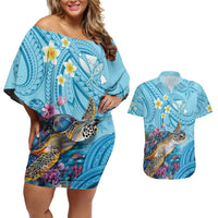 Personalized Hawaii Sea Turtle Couples Matching Off Shoulder Short Dress and Hawaiian Shirt Hawaii Map Ocean Vibes