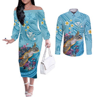 Personalized Hawaii Sea Turtle Couples Matching Off The Shoulder Long Sleeve Dress and Long Sleeve Button Shirt Hawaii Map Ocean Vibes