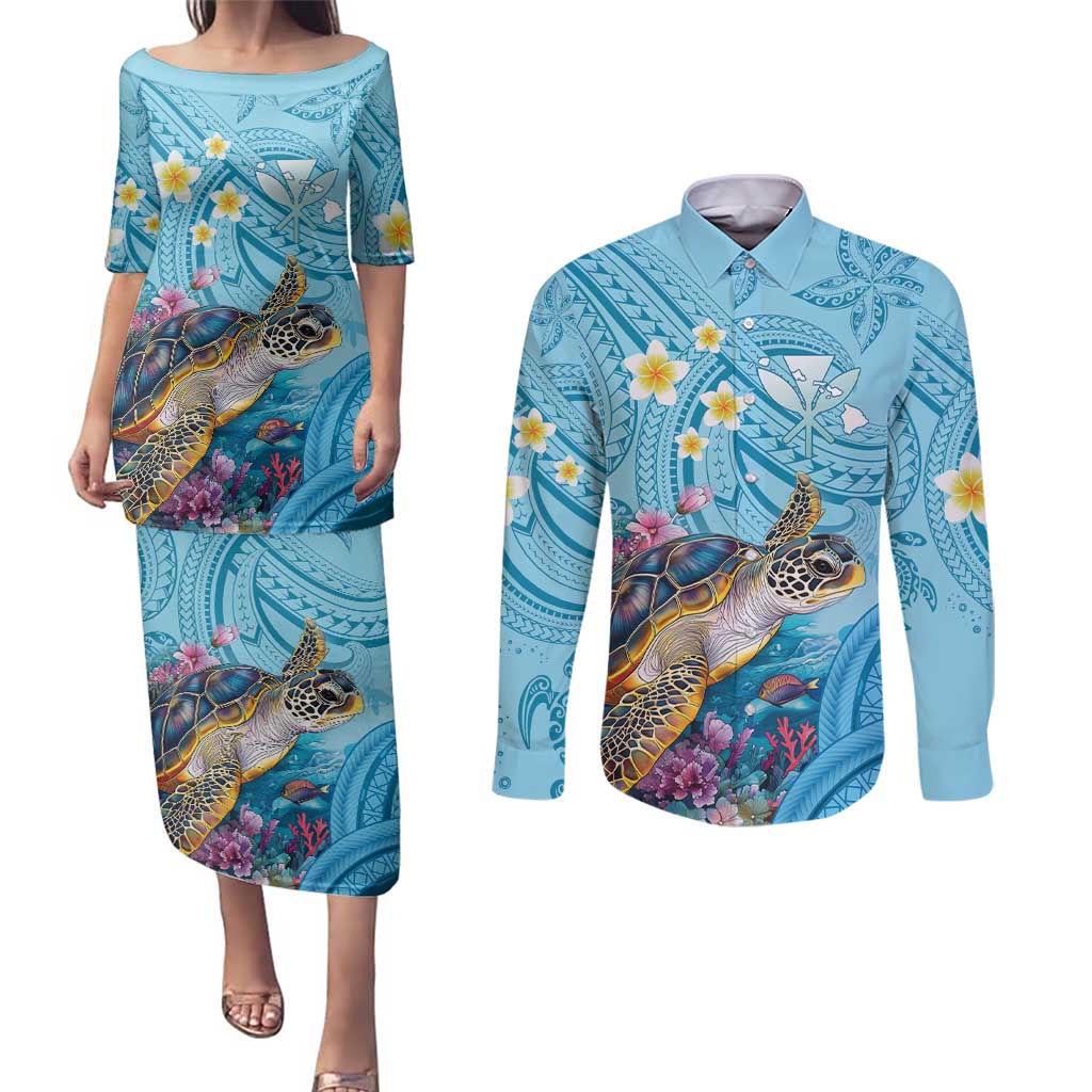 Personalized Hawaii Sea Turtle Couples Matching Puletasi and Long Sleeve Button Shirt Hawaii Map Ocean Vibes