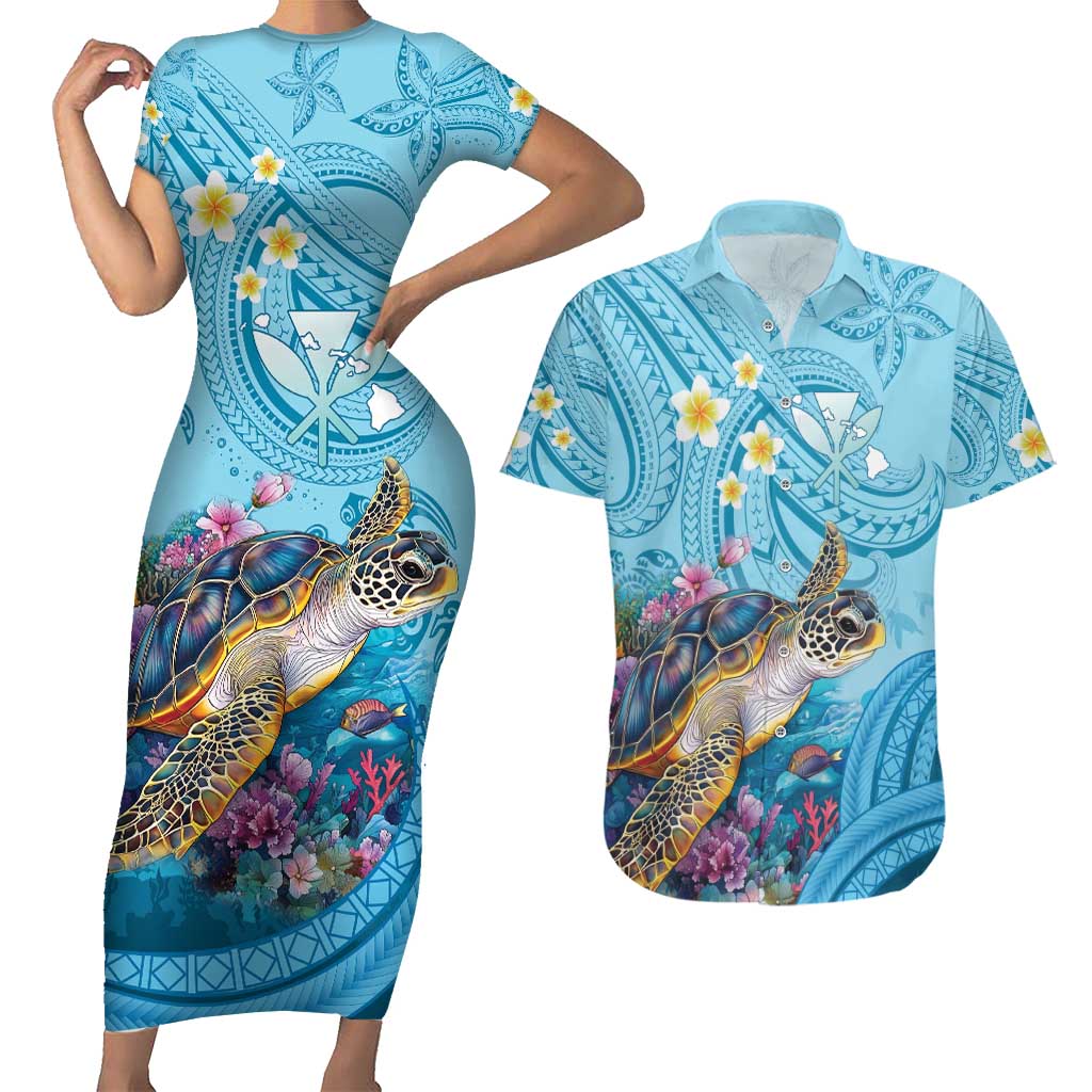 Personalized Hawaii Sea Turtle Couples Matching Short Sleeve Bodycon Dress and Hawaiian Shirt Hawaii Map Ocean Vibes