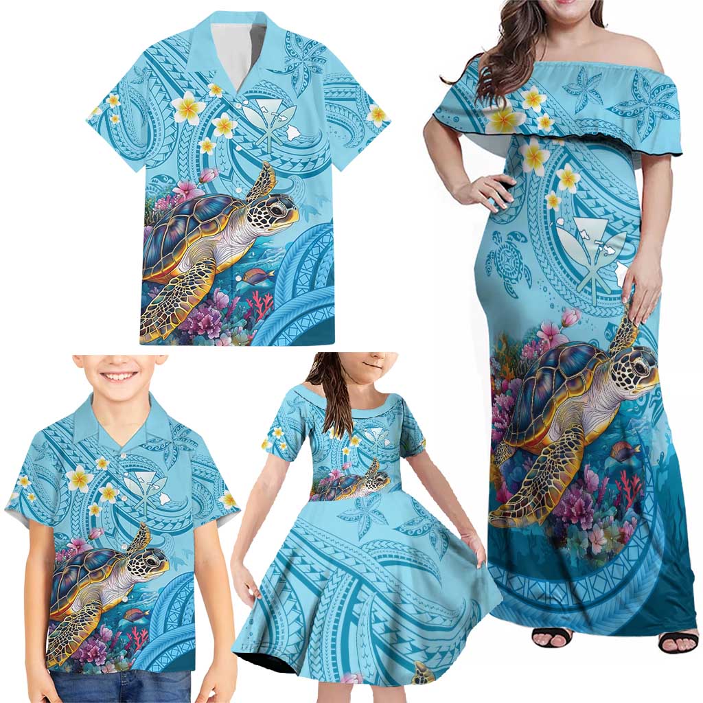 Personalized Hawaii Sea Turtle Family Matching Off Shoulder Maxi Dress and Hawaiian Shirt Hawaii Map Ocean Vibes