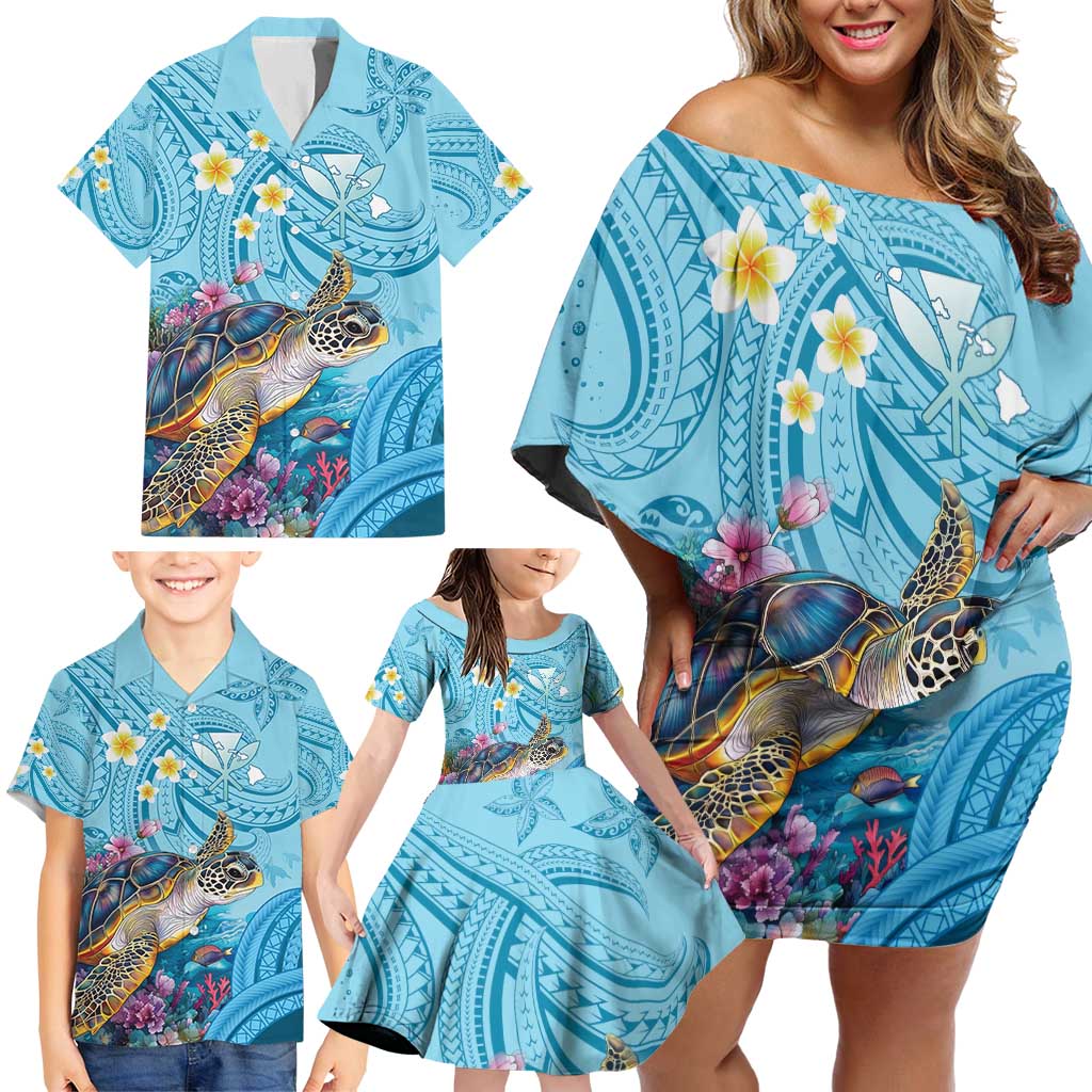 Personalized Hawaii Sea Turtle Family Matching Off Shoulder Short Dress and Hawaiian Shirt Hawaii Map Ocean Vibes