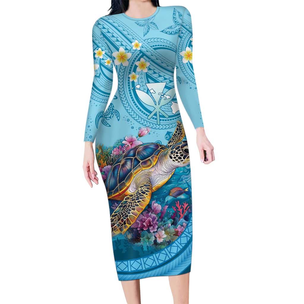 Personalized Hawaii Sea Turtle Long Sleeve Bodycon Dress Hawaii Map Ocean Vibes