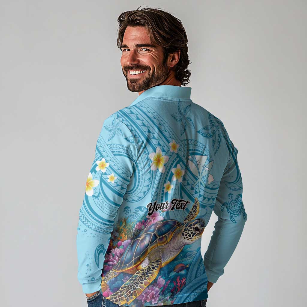 Personalized Hawaii Sea Turtle Long Sleeve Polo Shirt Hawaii Map Ocean Vibes