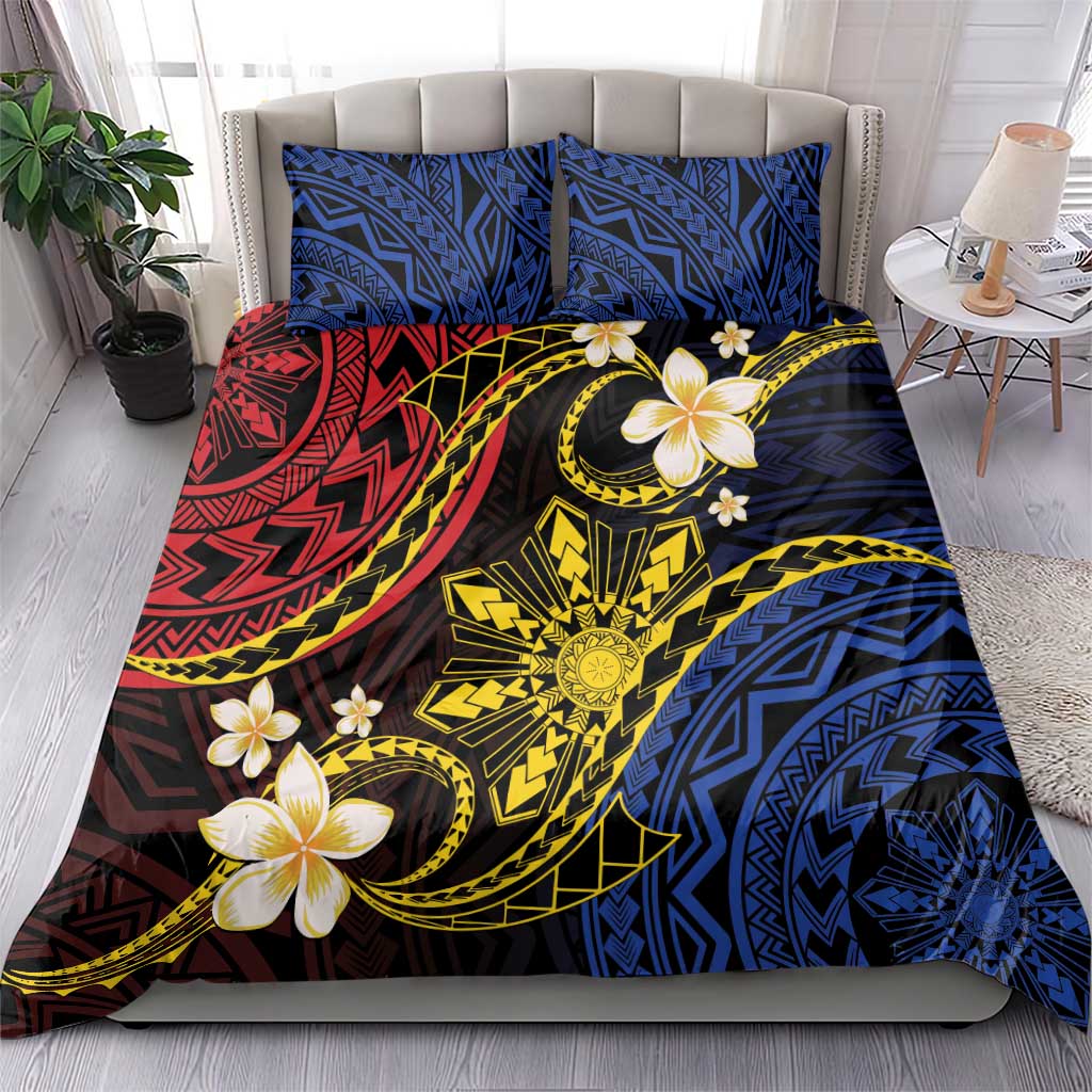 Philippines Spirit Tribal Sun Plumeria Bedding Set Red And Blue Polynesian Pattern