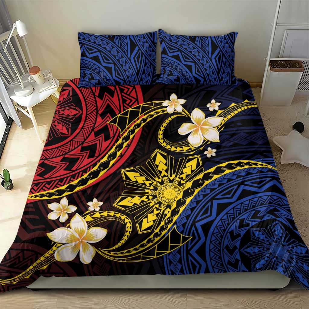 Philippines Spirit Tribal Sun Plumeria Bedding Set Red And Blue Polynesian Pattern