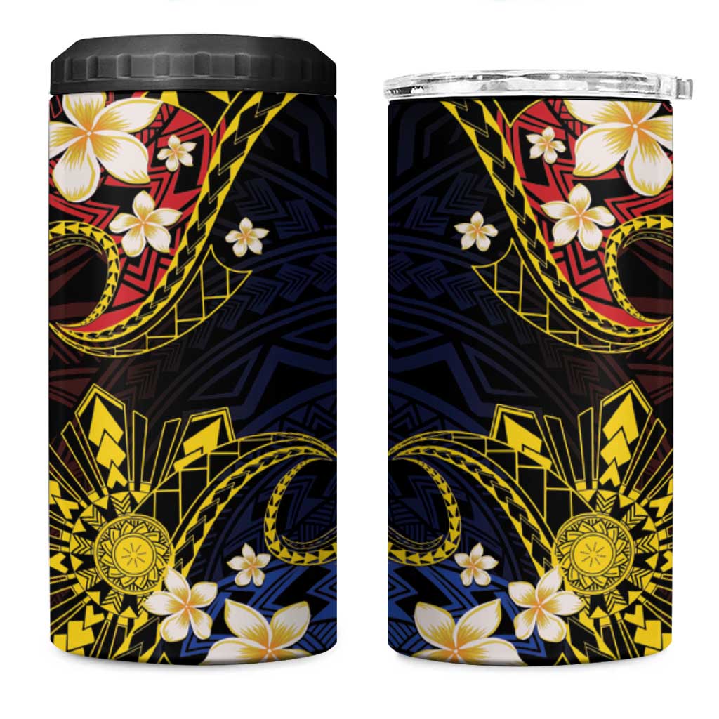 Philippines Spirit Tribal Sun Plumeria 4 in 1 Can Cooler Tumbler Red And Blue Polynesian Pattern