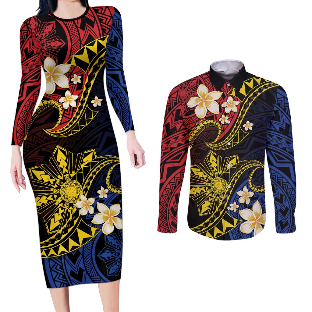 Philippines Spirit Tribal Sun Plumeria Couples Matching Long Sleeve Bodycon Dress and Long Sleeve Button Shirt Red And Blue Polynesian Pattern